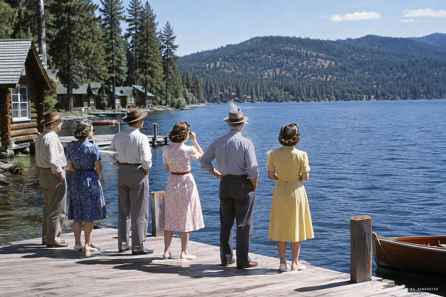 Six people at Lakeview Camp look out across the lake