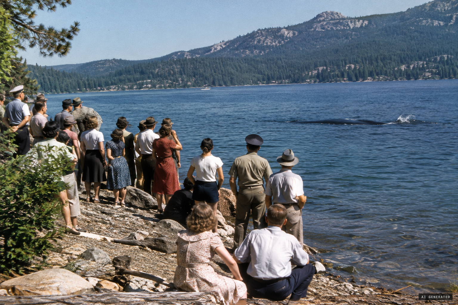 In 1946, twenty people watch something keep diving into the water