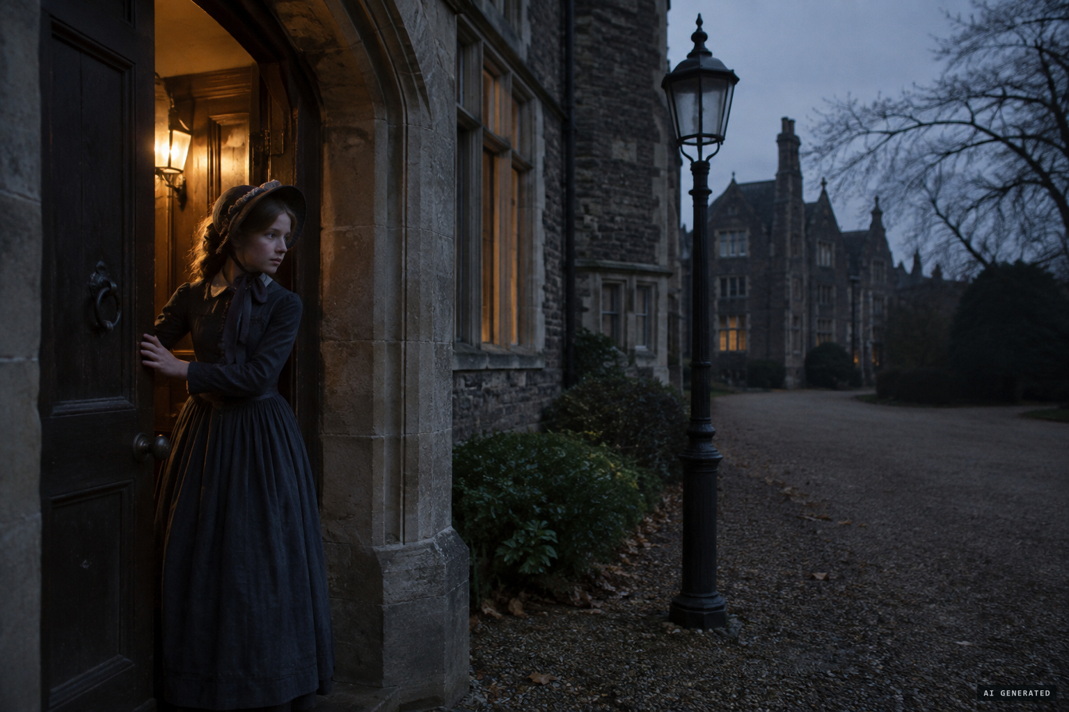 Margaret Carver opens the door onto the curiously dark carriage drive