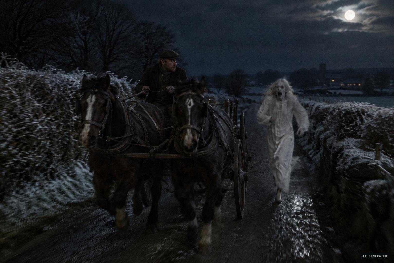 A white figure keeps pace with James Sanson's cart near Bury