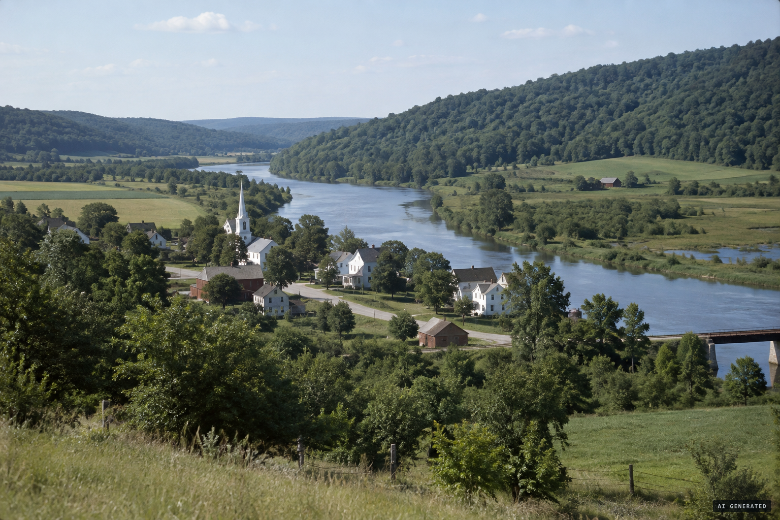 Peninsula on the Cuyahoga River, farms, swamp and wooded hills in summer 1944