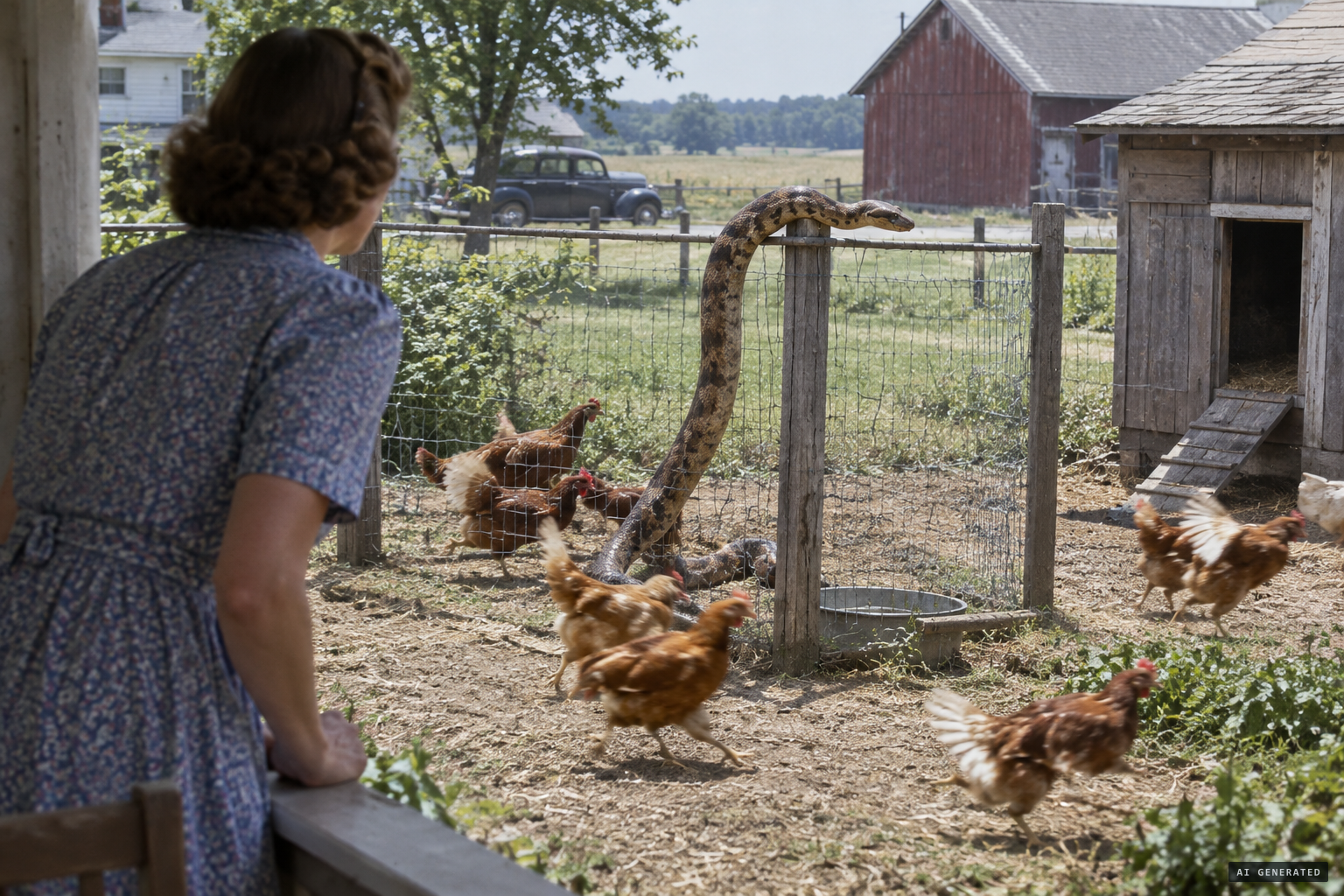 The snake rears up and climbs over Mrs. Roy Vaughn's chicken fence