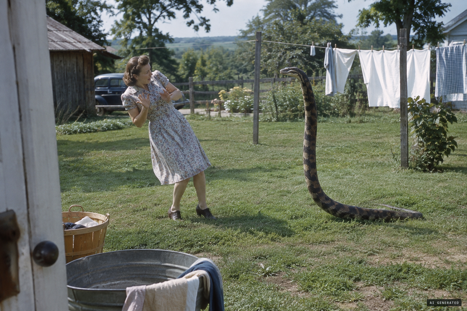 Mrs. Ralph Griffin sees the snake rear up human-high in her back yard