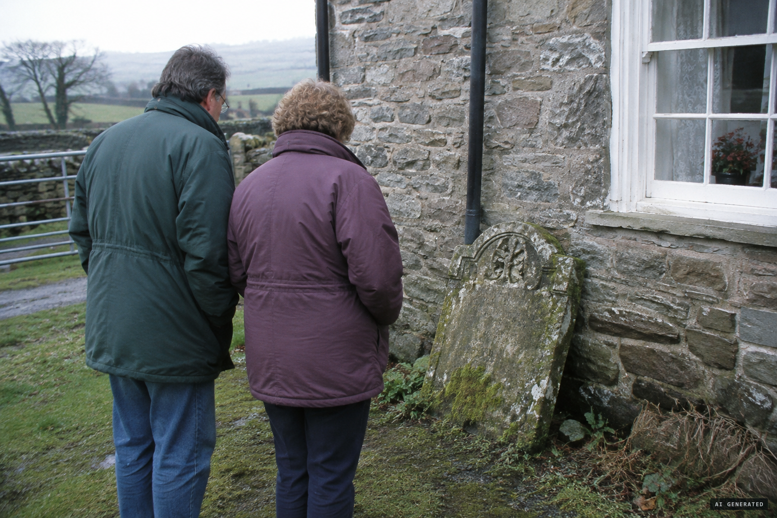 The Gowers find Jane Jones's 1778 gravestone leaning against the farmhouse wall