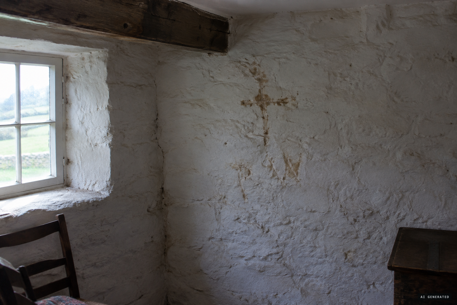 Stains and carvings of religious images and Welsh words appear on the walls