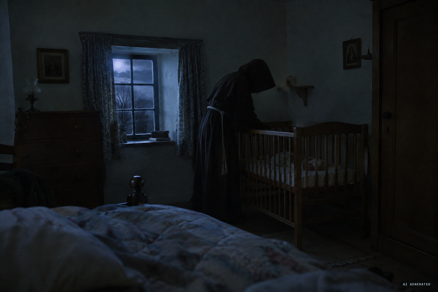 Nicolette wakes to see a hooded figure leaning over Quinn's cot