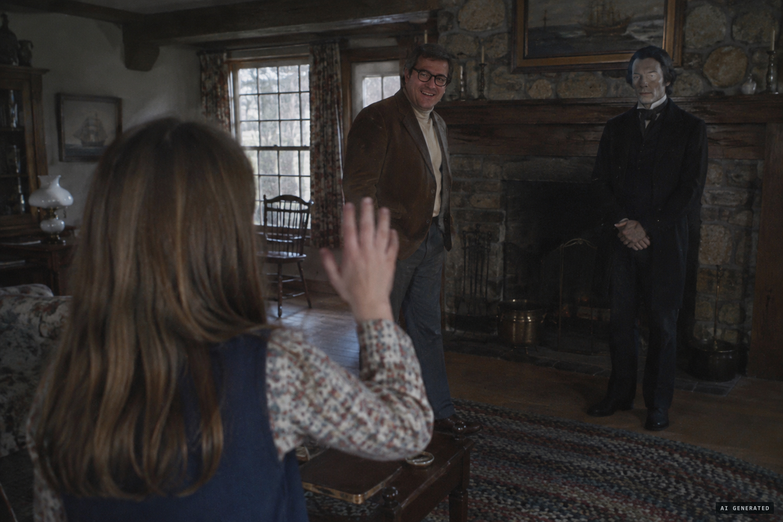 Andrea greets Mr. Kenyon and a second man in the parlor