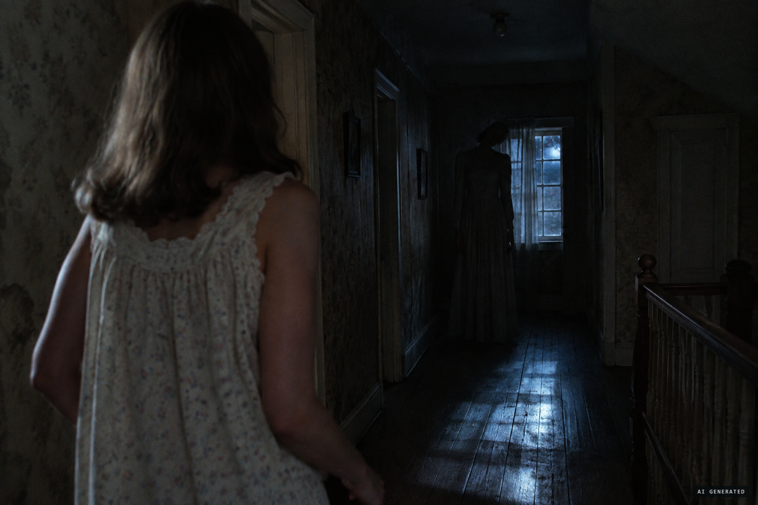 The very tall woman in an old gray dress, her head hanging to the side