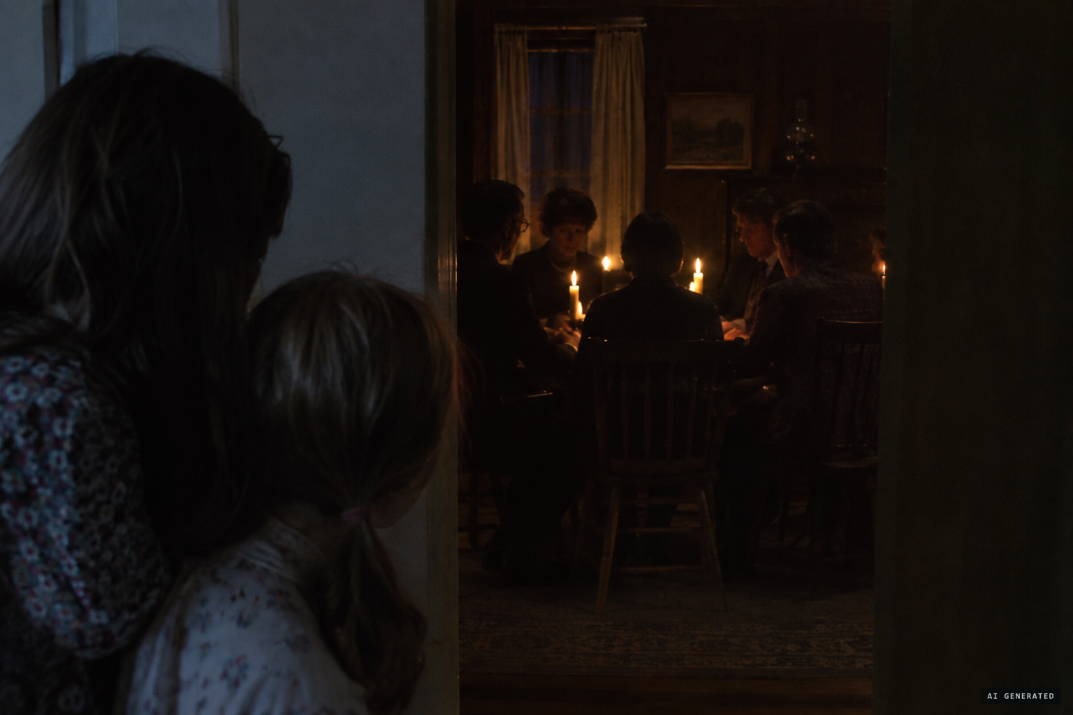 Andrea and Cindy watch the séance in secret