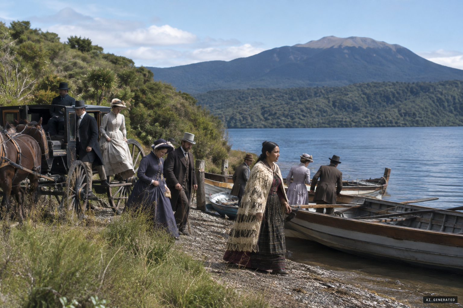 Tourists set out from Te Wairoa across Lake Tarawera toward the Terraces