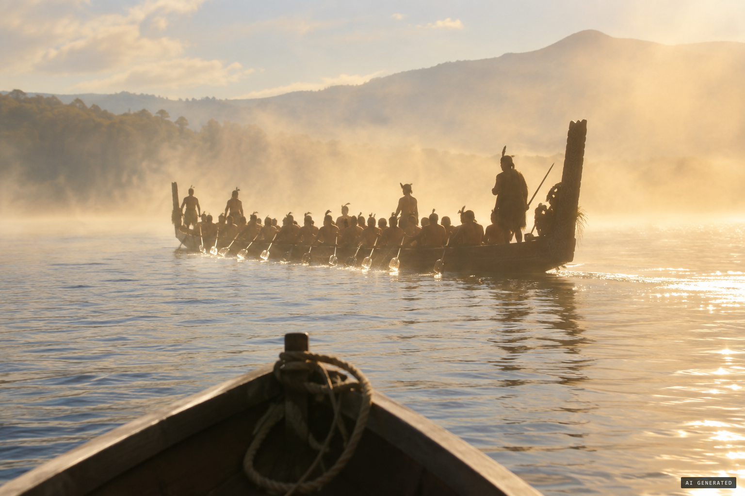 A large boat full of Māori, glorious in the mist and the sunlight