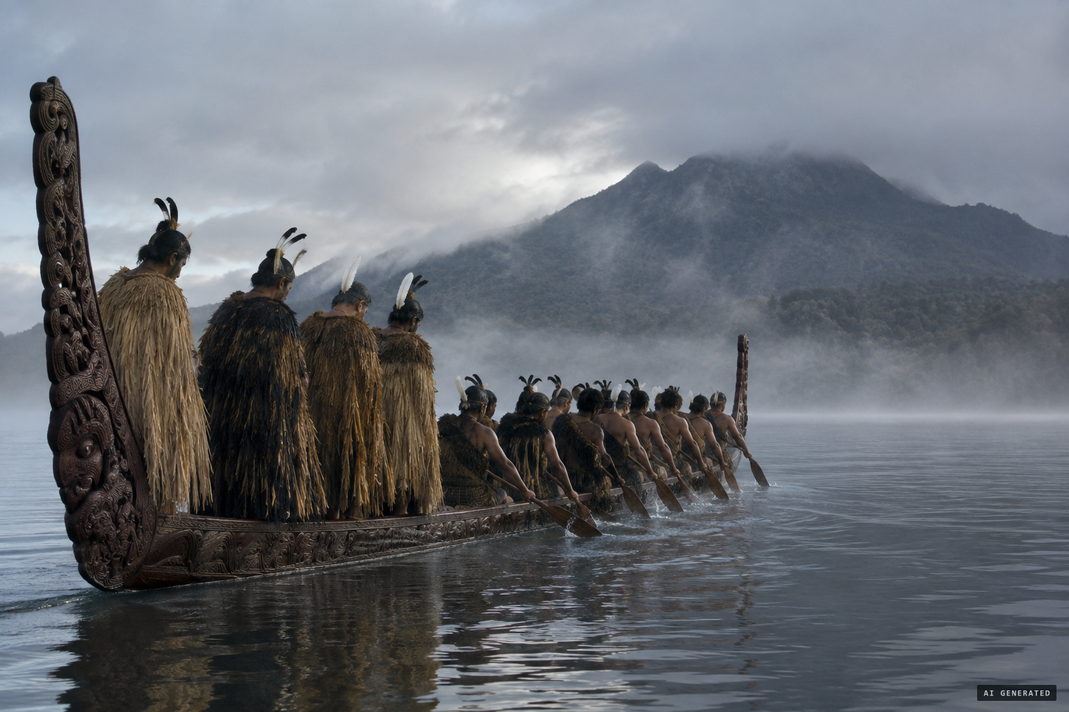 A war canoe of paddlers and bowed, plumed figures heading for Mount Tarawera