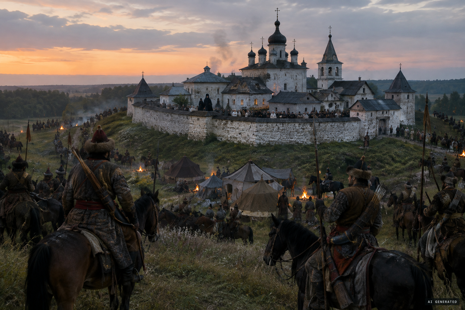 Tatar regiments surround the monastery, local people sheltering inside