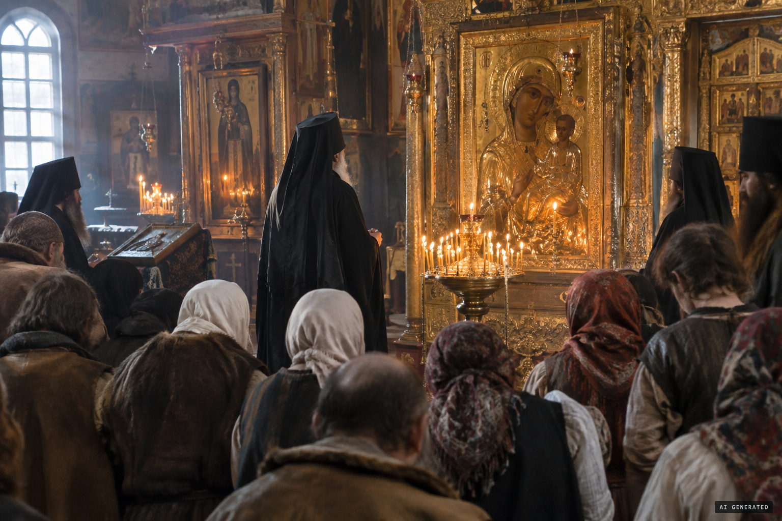 Hegumen Joseph gathers the besieged before the miracle-working icon to sing the Akathist