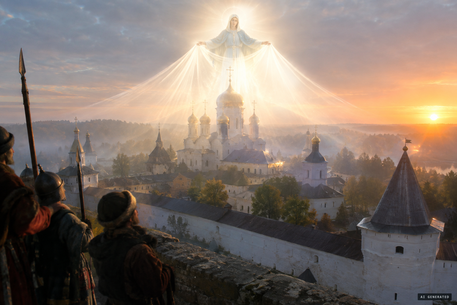 The Mother of God appears above the church, her white omophorion over the monastery