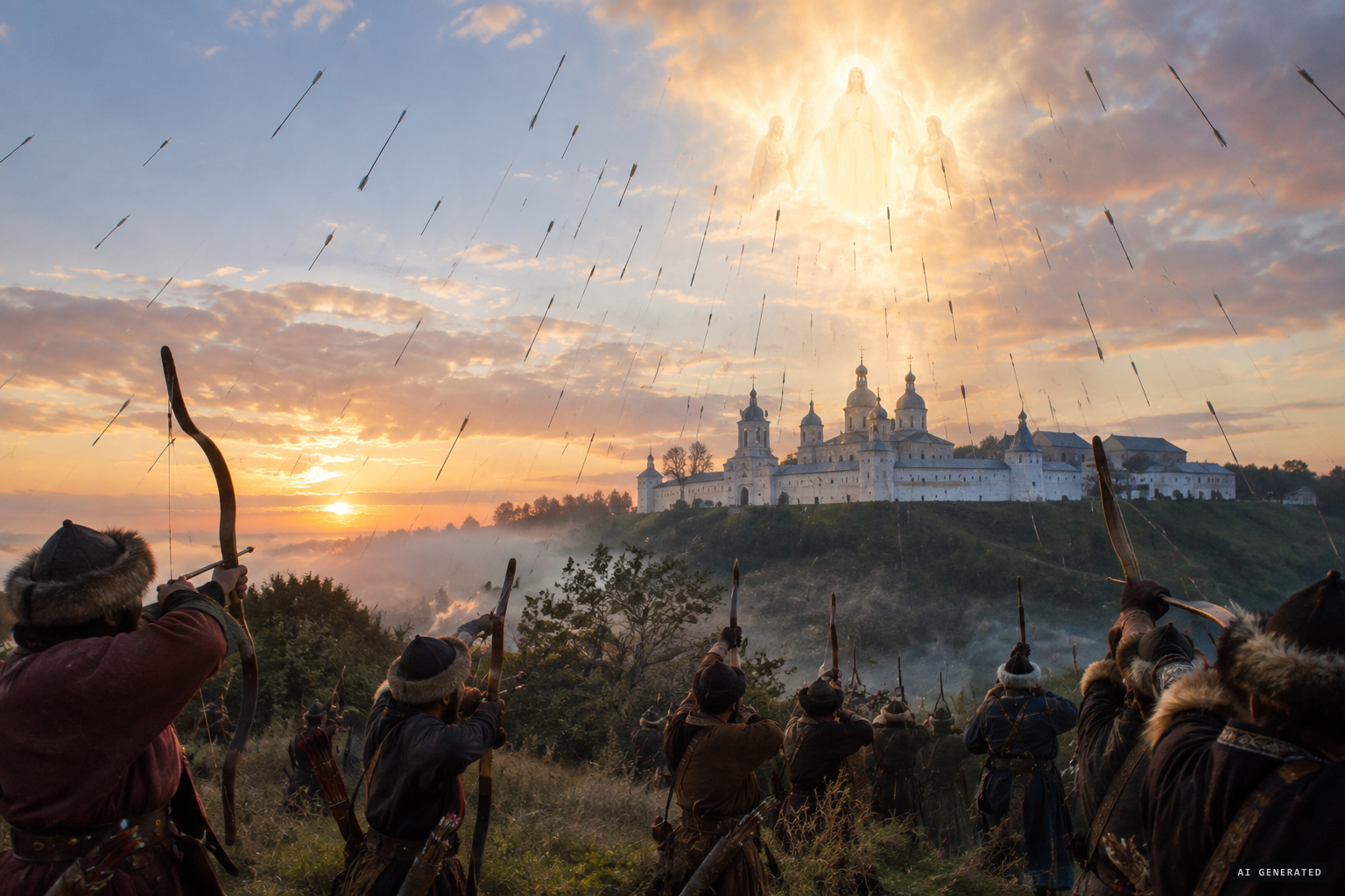 The invaders shoot thousands of arrows at the angelic host