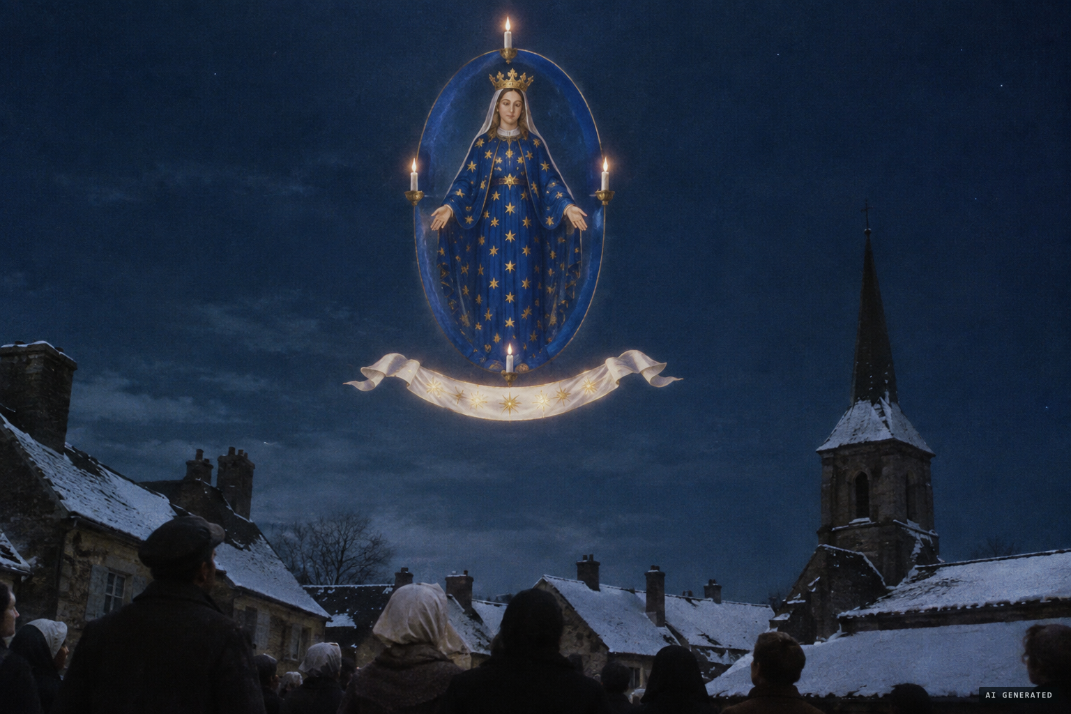 The Lady grows larger in a blue oval with four candles as a banner unfurls