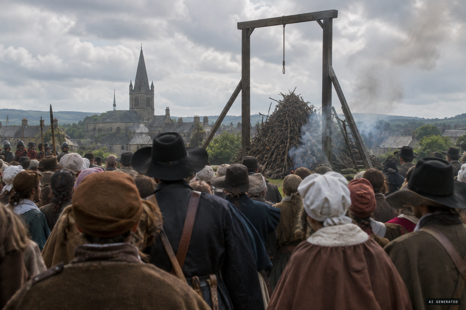 The condemned hanged and burned at Gallow Green, the last mass witch execution in western Europe
