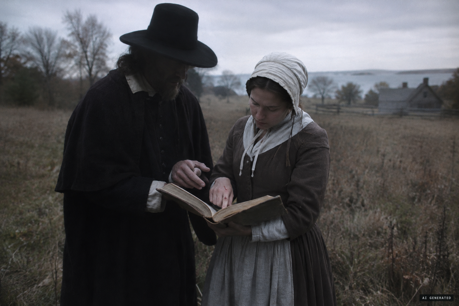 The devil as an old man in a meadow, guiding her hand to sign his book in blood