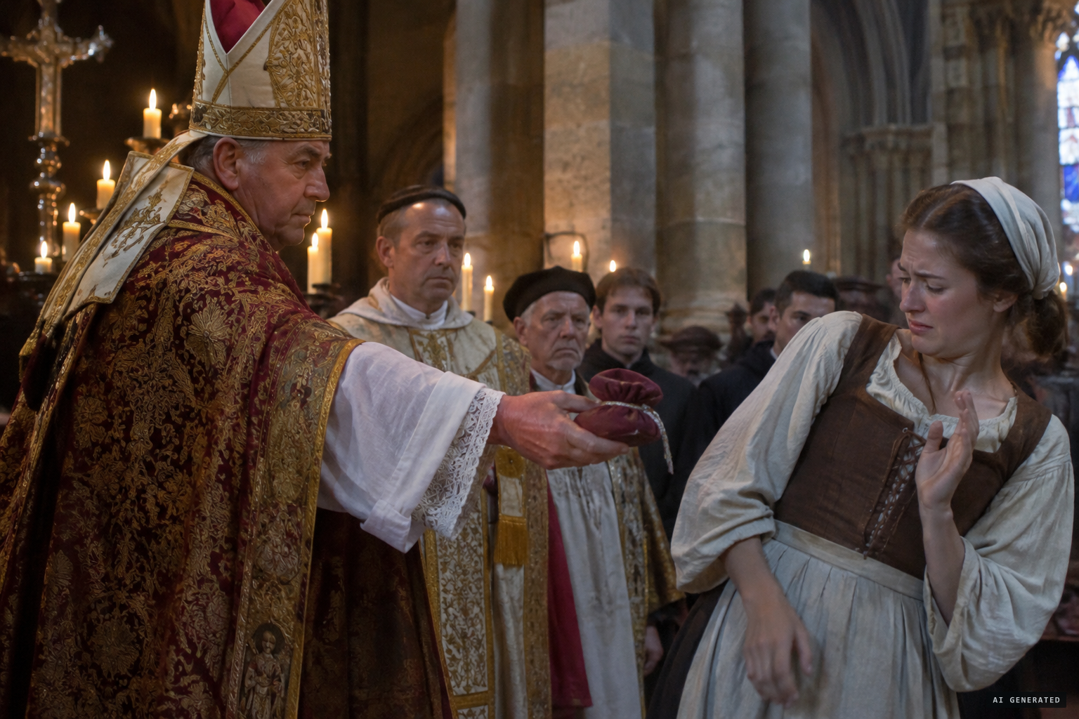 Bishop Miron presents an iron key wrapped in taffeta as a relic, and she reacts as if to the True Cross.