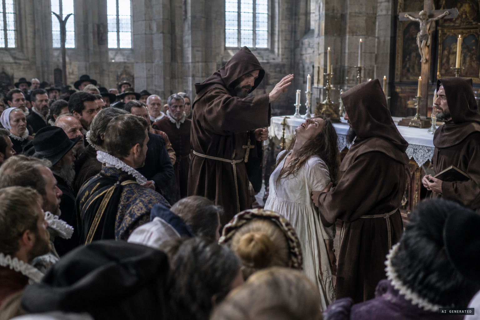 The Capuchins exorcise Marthe in public in Paris, and a voice calling itself Beelzebub rants against the Huguenots.