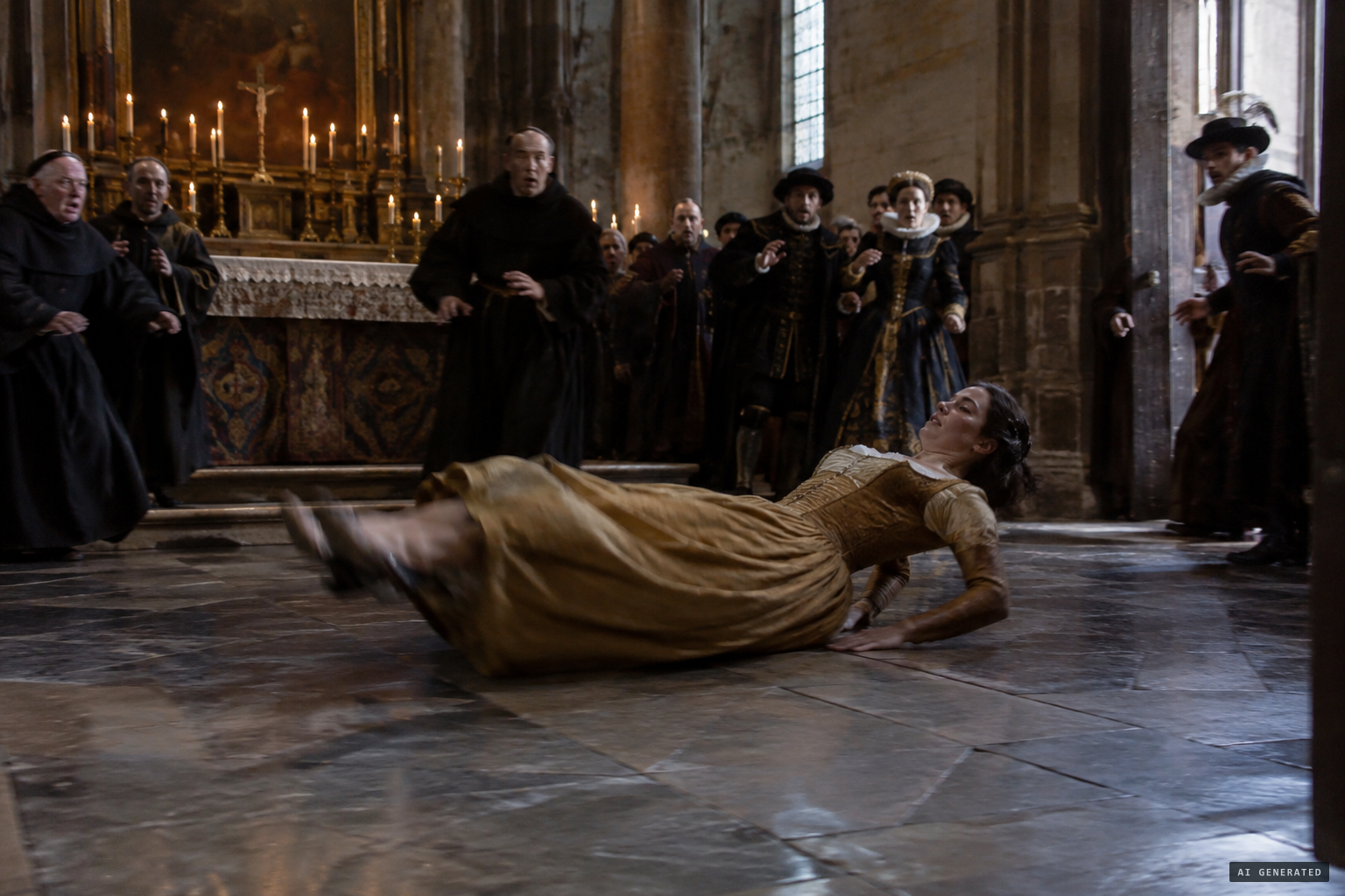On her back, in four or five skips, she moves from the altar to the chapel door, astonishing all the company.