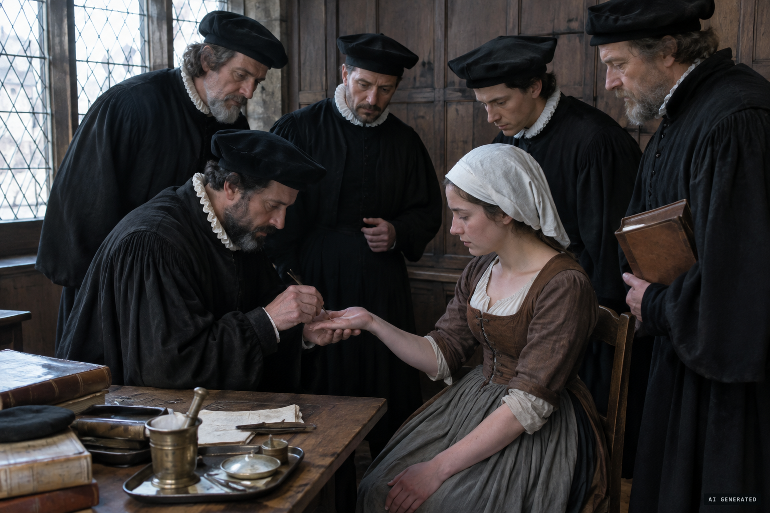 The royal physicians examine her, and Duret pricks her with a pin between thumb and forefinger.