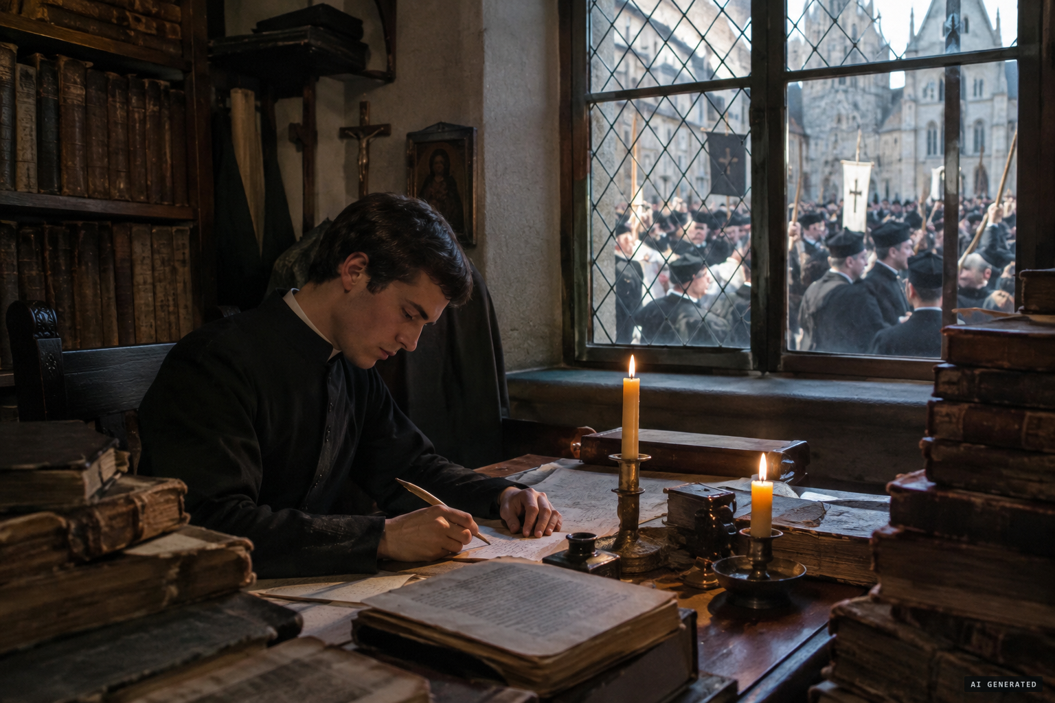 Bérulle, as Léon d'Alexis, defends the possession in print as clergy protest.