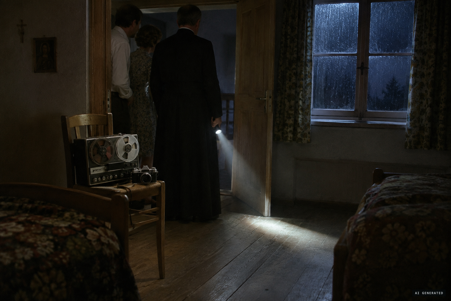 Wolfsteiner observes with flash camera, tape recorder and torch while the girls lie still