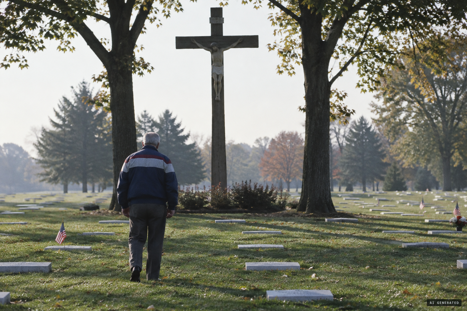 He finds the large crucifix beside the trees in the cemetery's military section.