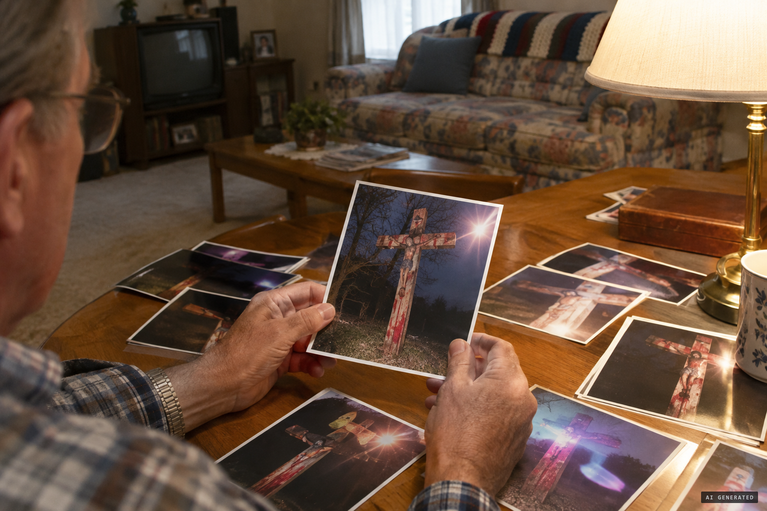 His photographs, said to show the cross bleeding and changing colors.