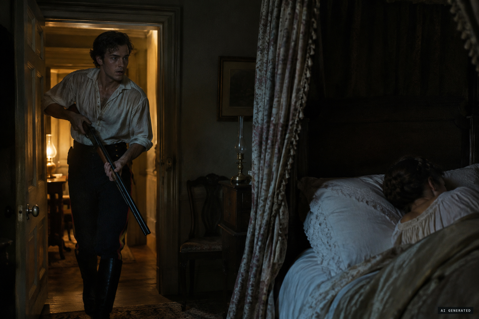 Her brother rushes in with a gun; his sister is sleeping quietly
