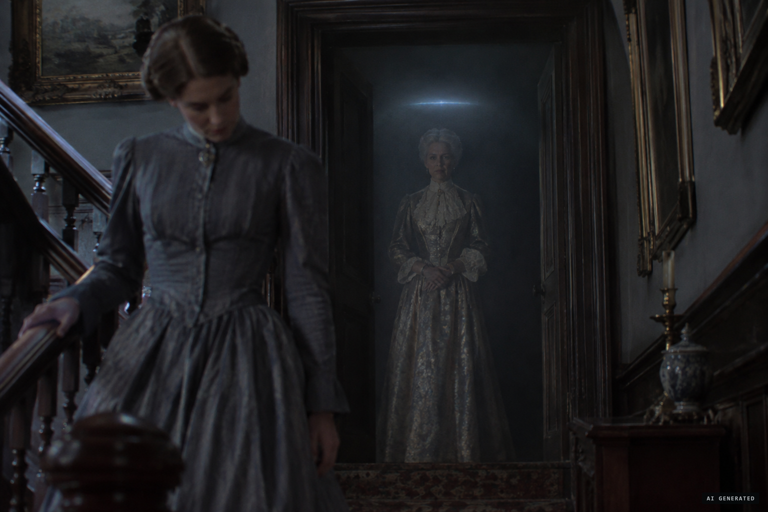 The silent figure of Dame Children stands in the doorway, a phosphoric glow above her