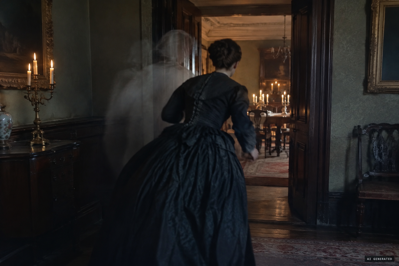 Mrs R. closes her eyes and rushes through the apparition into the dining-room