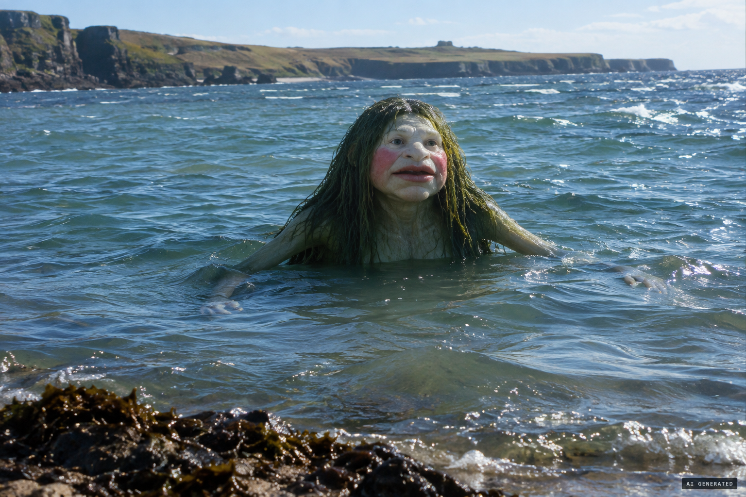 The mermaid's round face and green oily hair, a few yards offshore