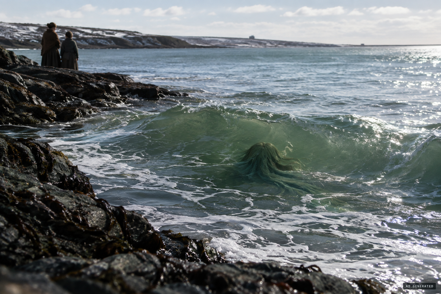 As the waves advanced, the mermaid sank under them