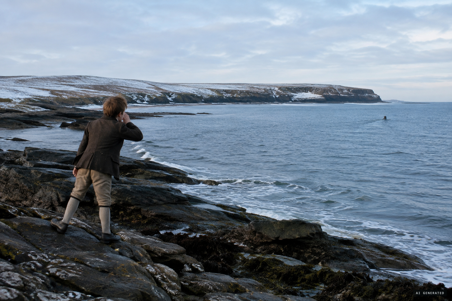 At the boy's cries it disappeared, re-appeared farther out and went along the shore