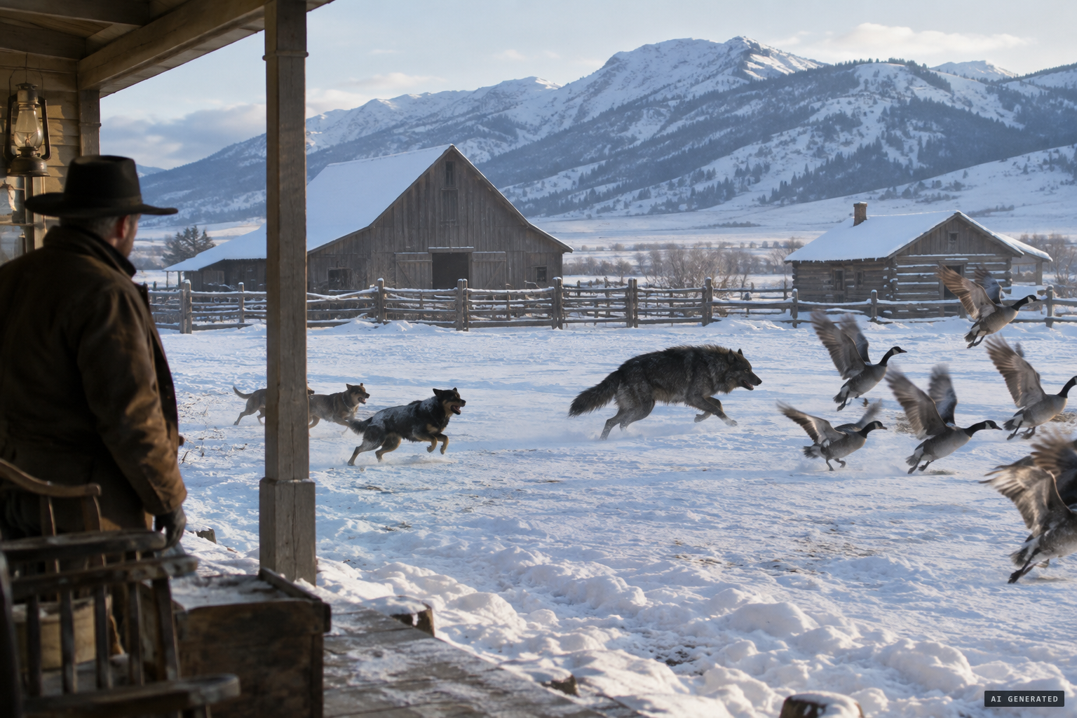 A wolf-like beast of dark colour chases the geese