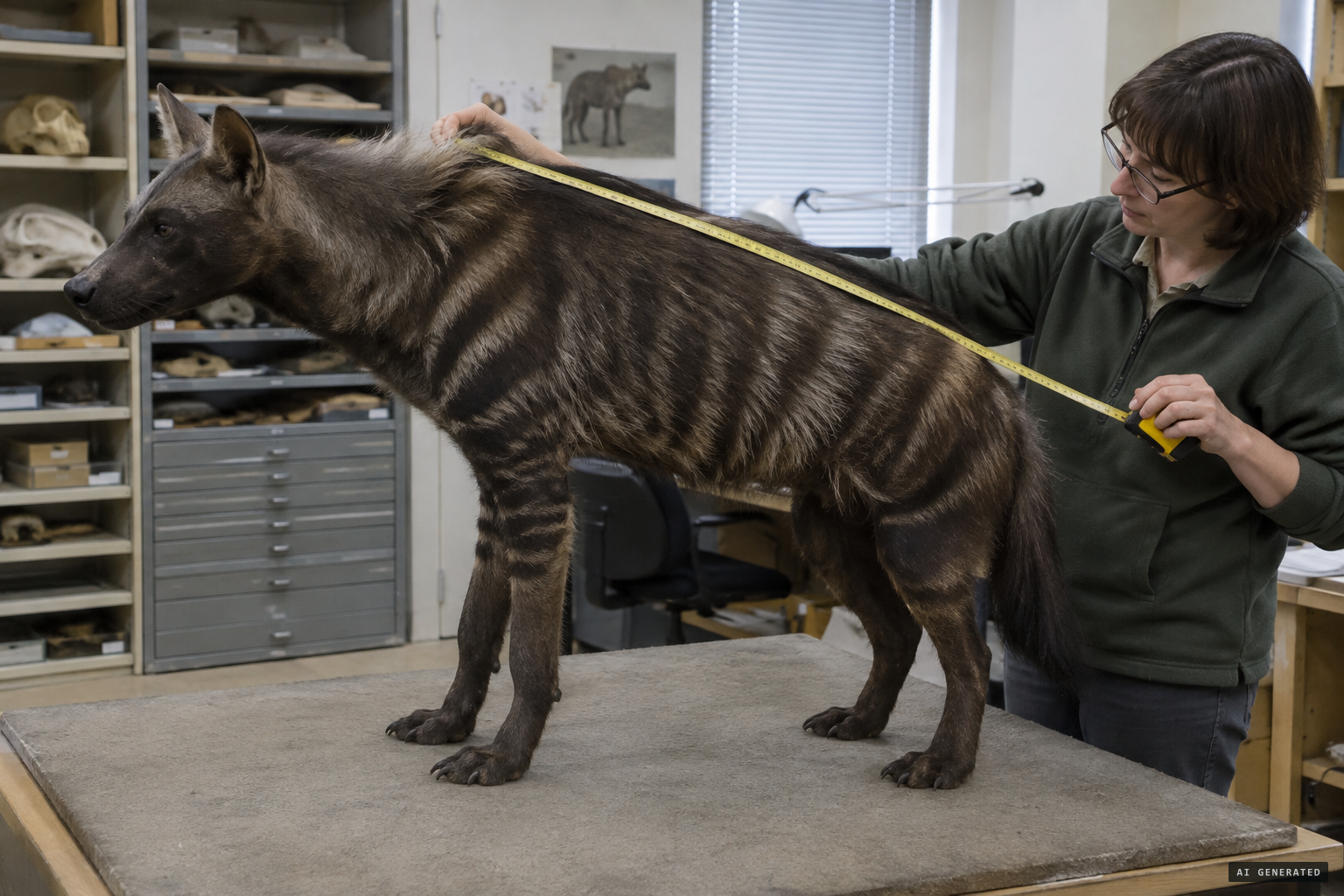 48 inches snout to rump, a back that slopes like a hyena's