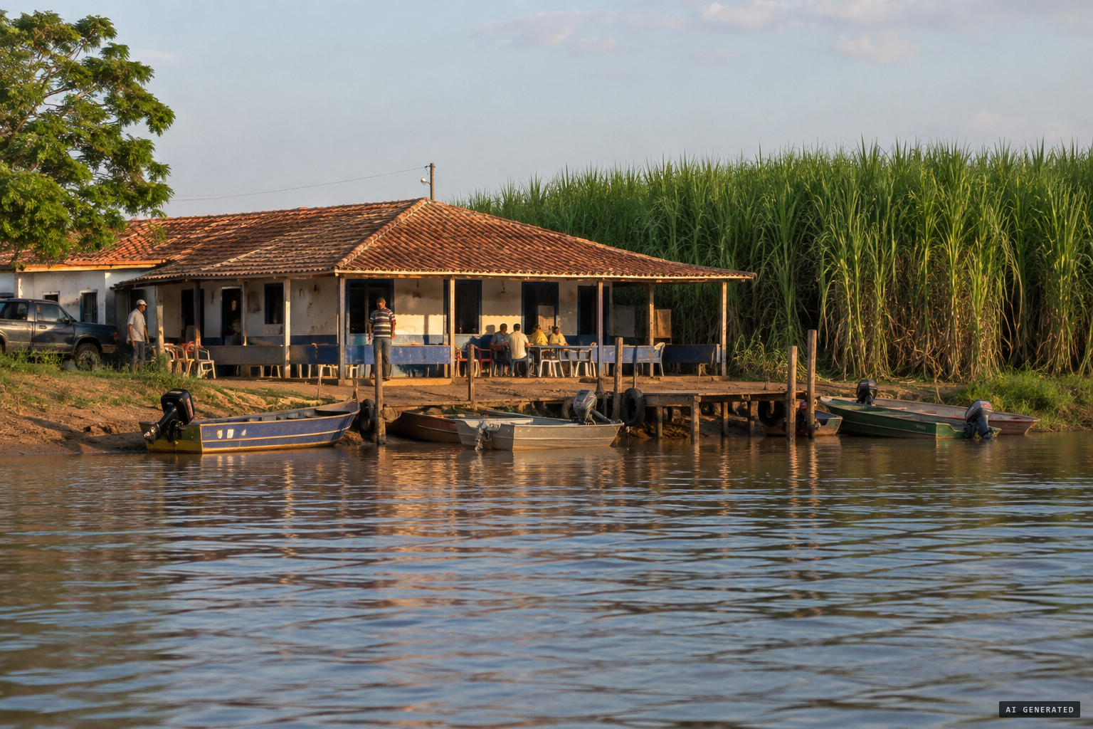 The Pousada Piapara on the Rio Grande, with tall sugar cane next door