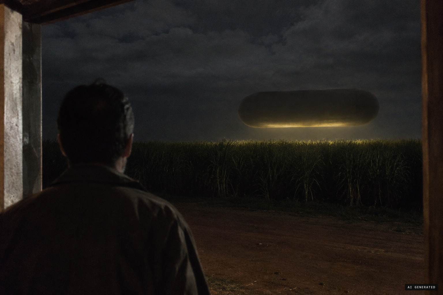 A very large cylinder with oval ends hangs still above the cane, glowing dim yellow beneath
