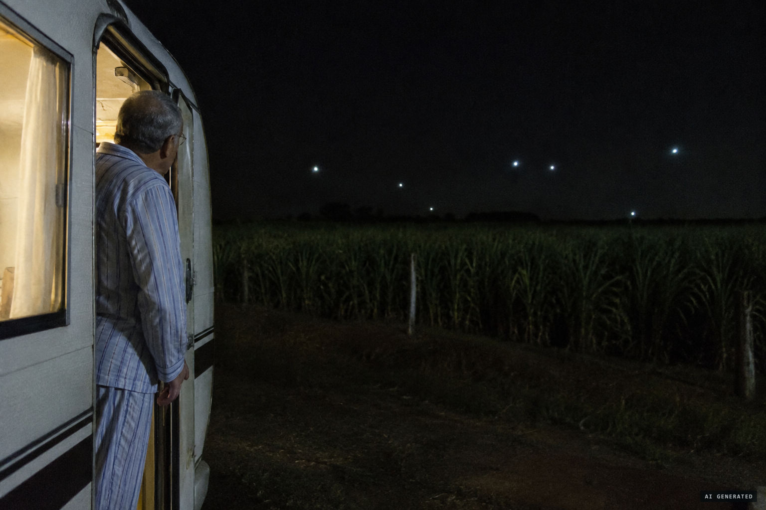 From his trailer, the guest sees only dim whitish lights spread around