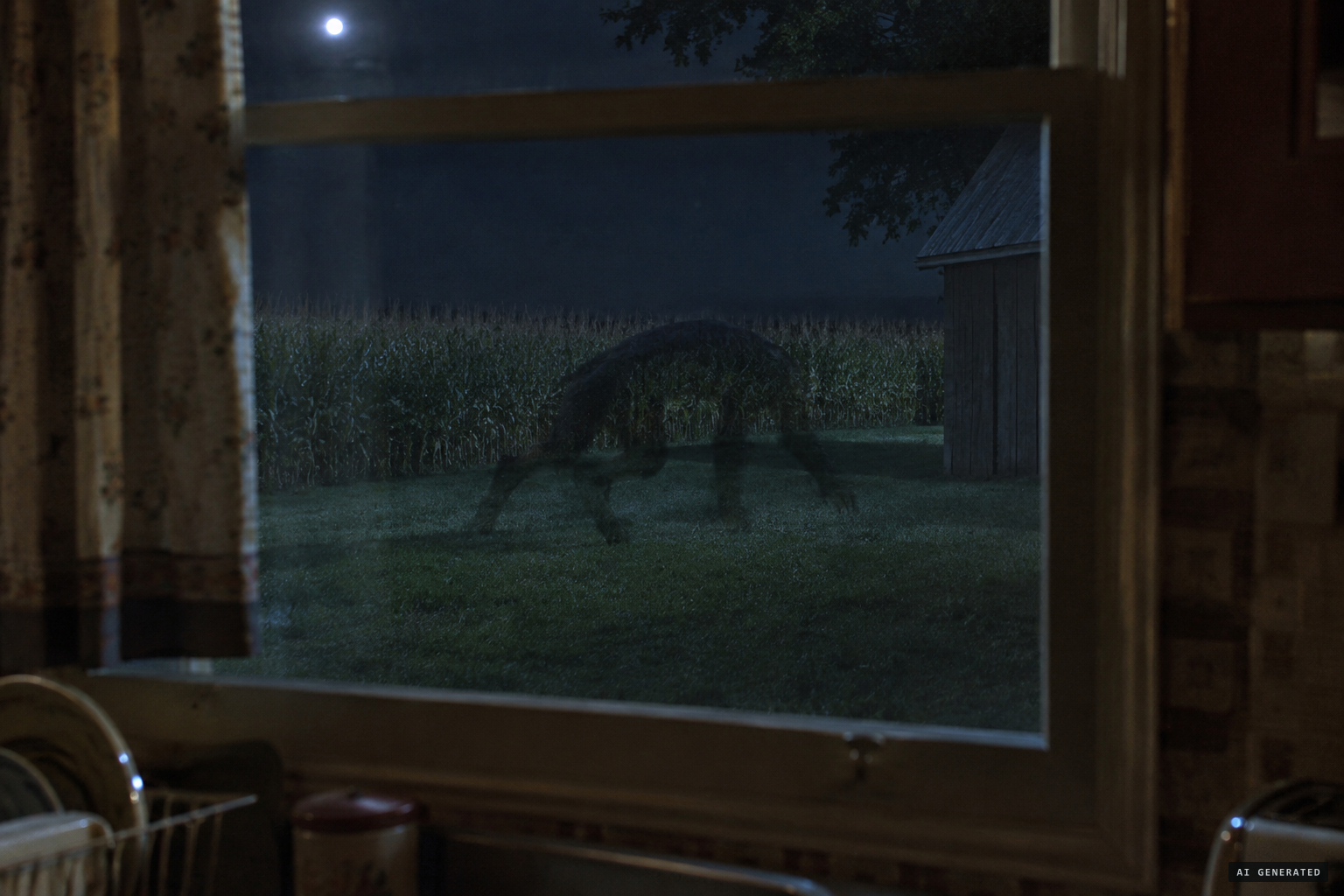 Mrs. Rogers sees it through the window: running on all fours, almost see-through