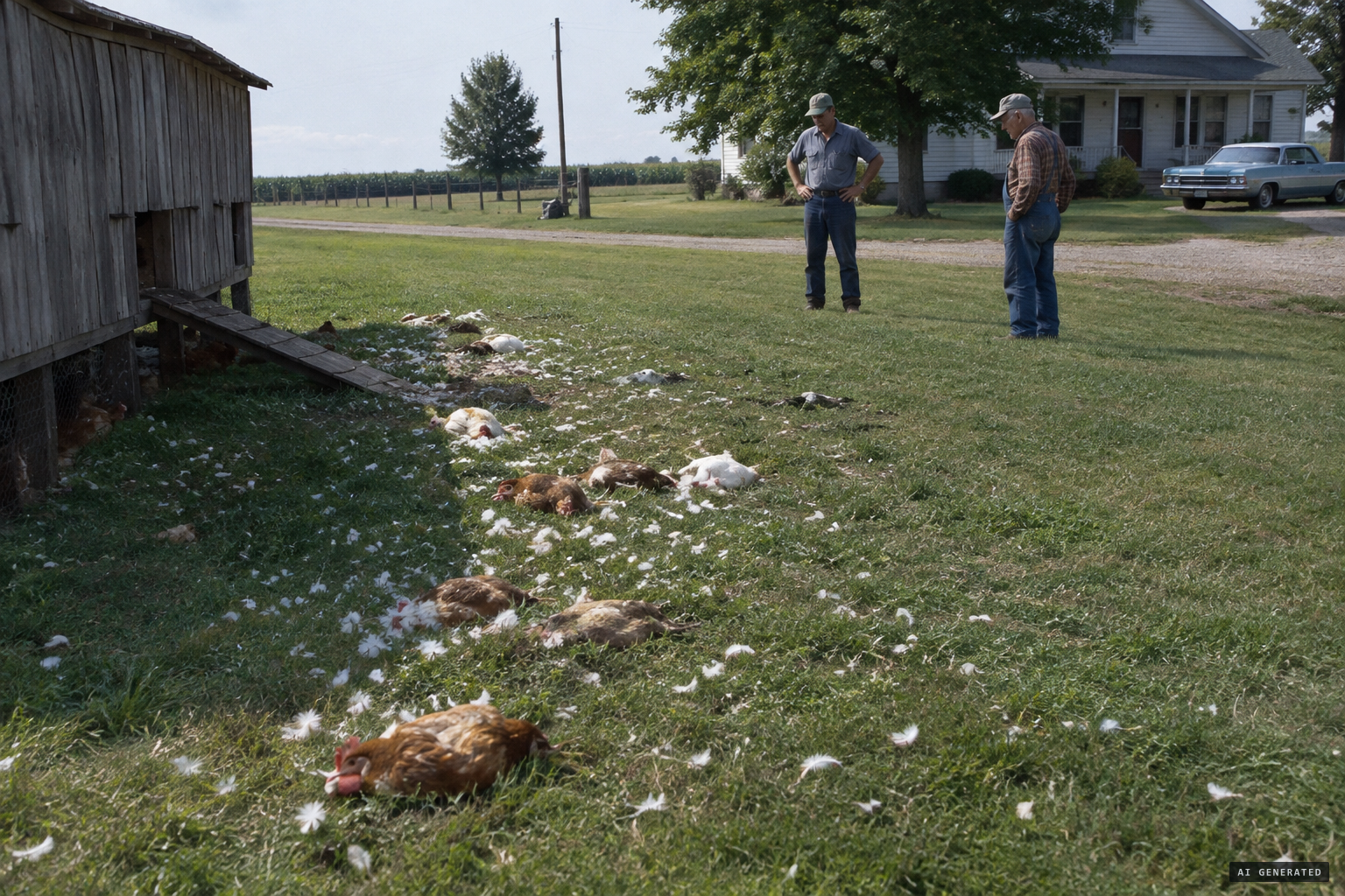 60 chickens found dismembered, strewn 200 yards from the coop