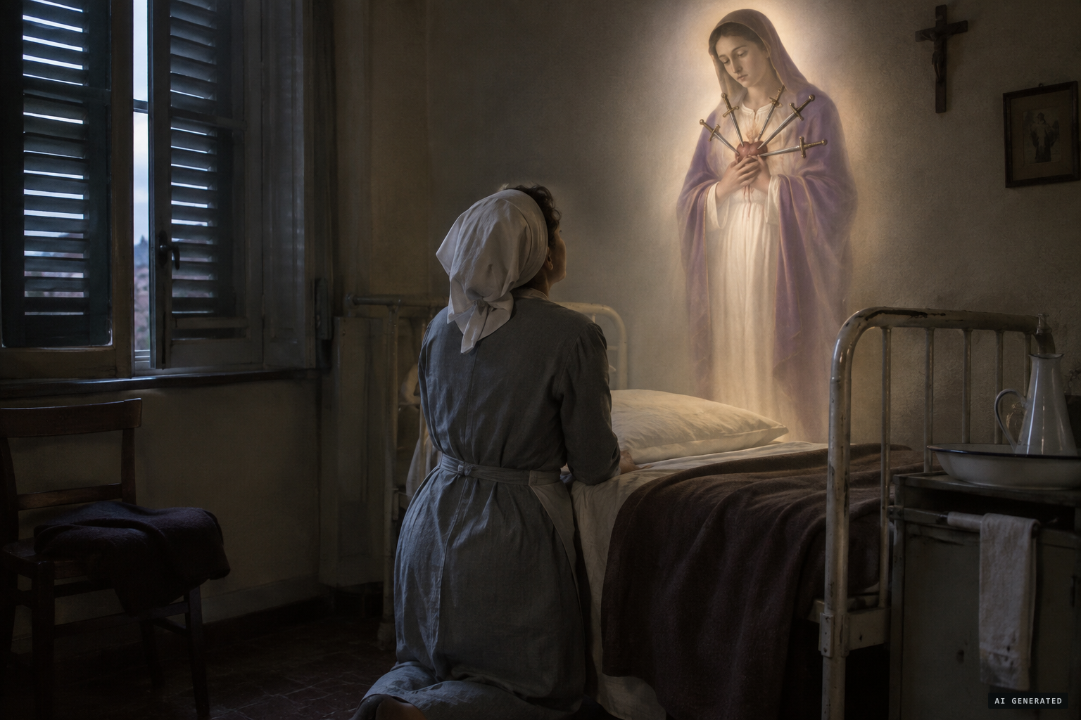 Pierina Gilli's first vision: a Lady in purple, three swords in her heart