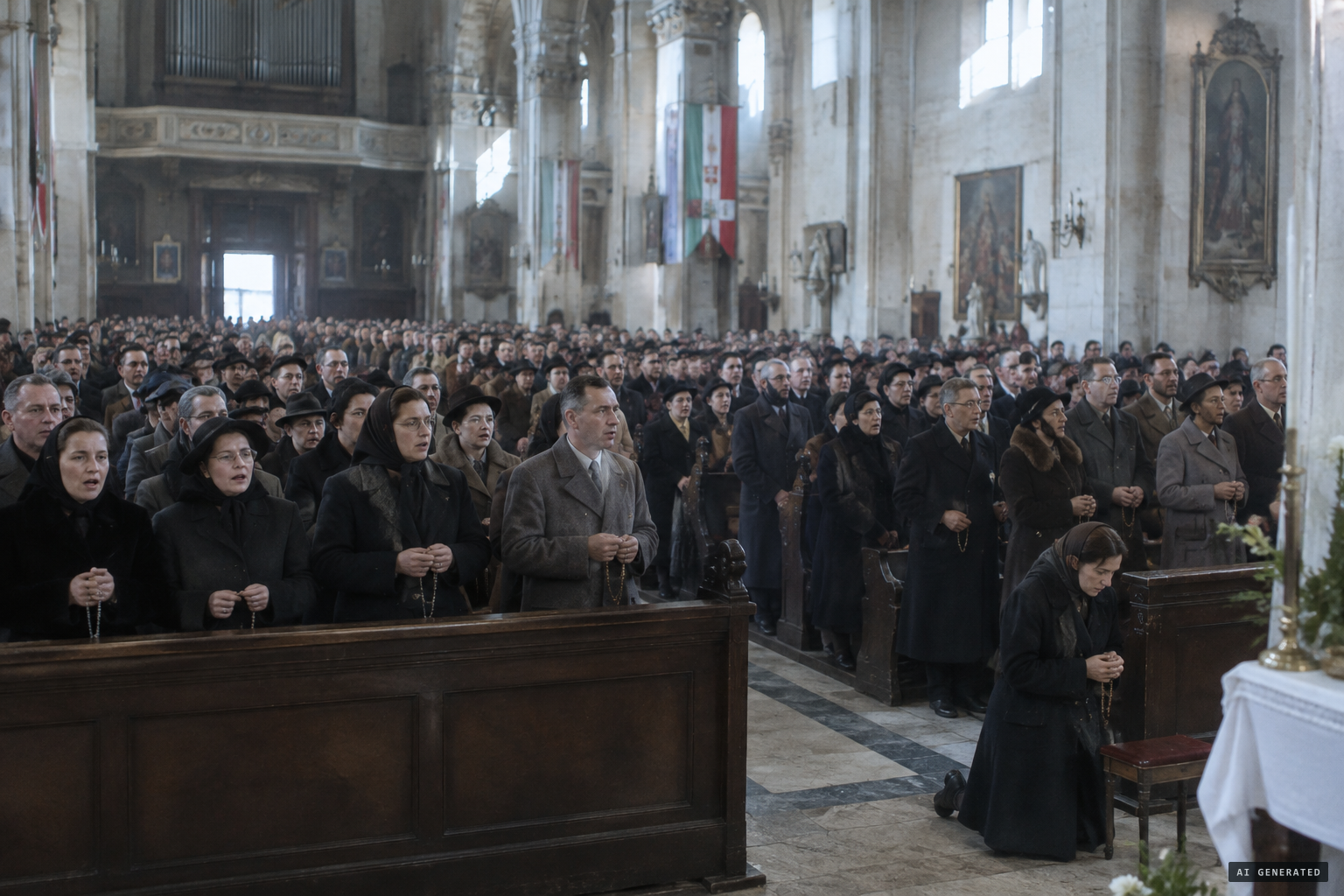 The packed cathedral at noon, singing the Miserere