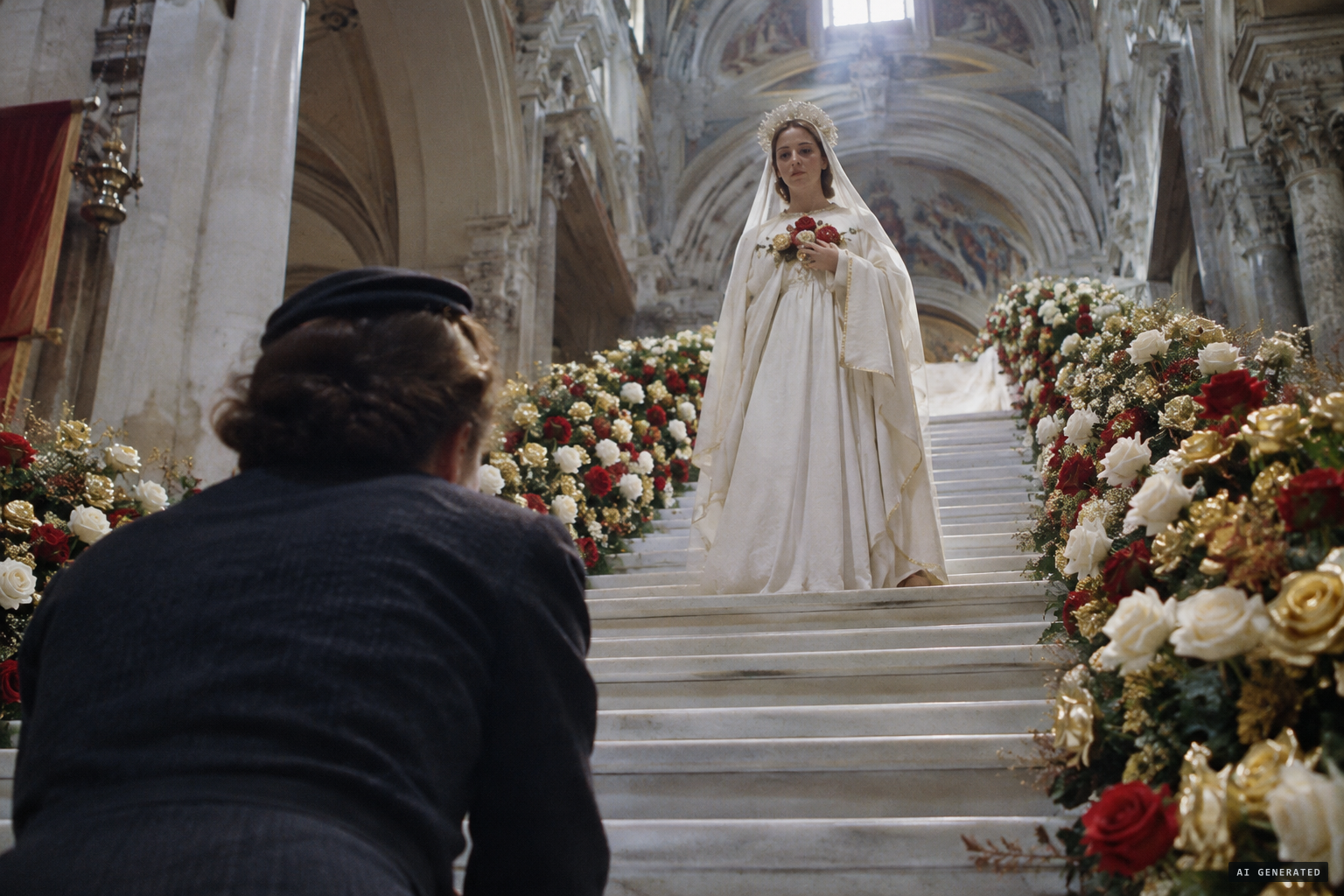 The white staircase of roses and the Lady descending