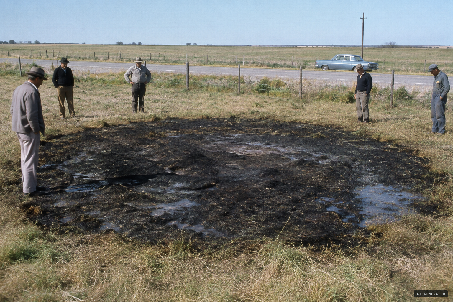 A burned circle in the grass with damp, lead-grey stains