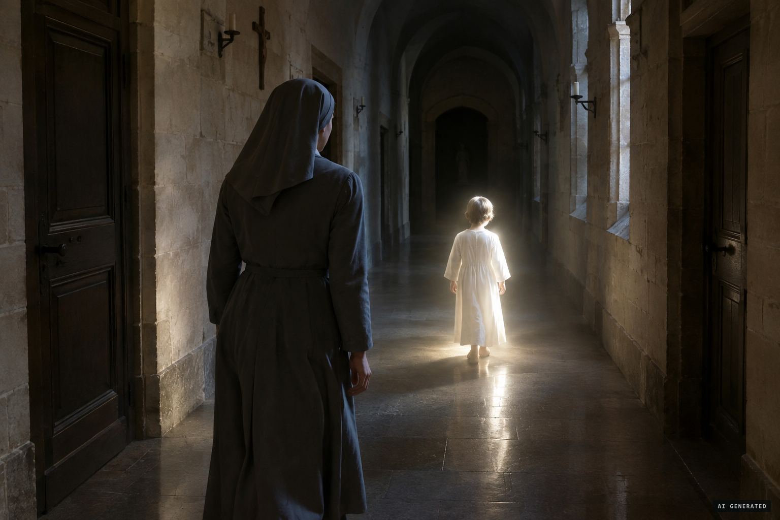 A child in white leads Catherine, bringing rays of brightness wherever he passes