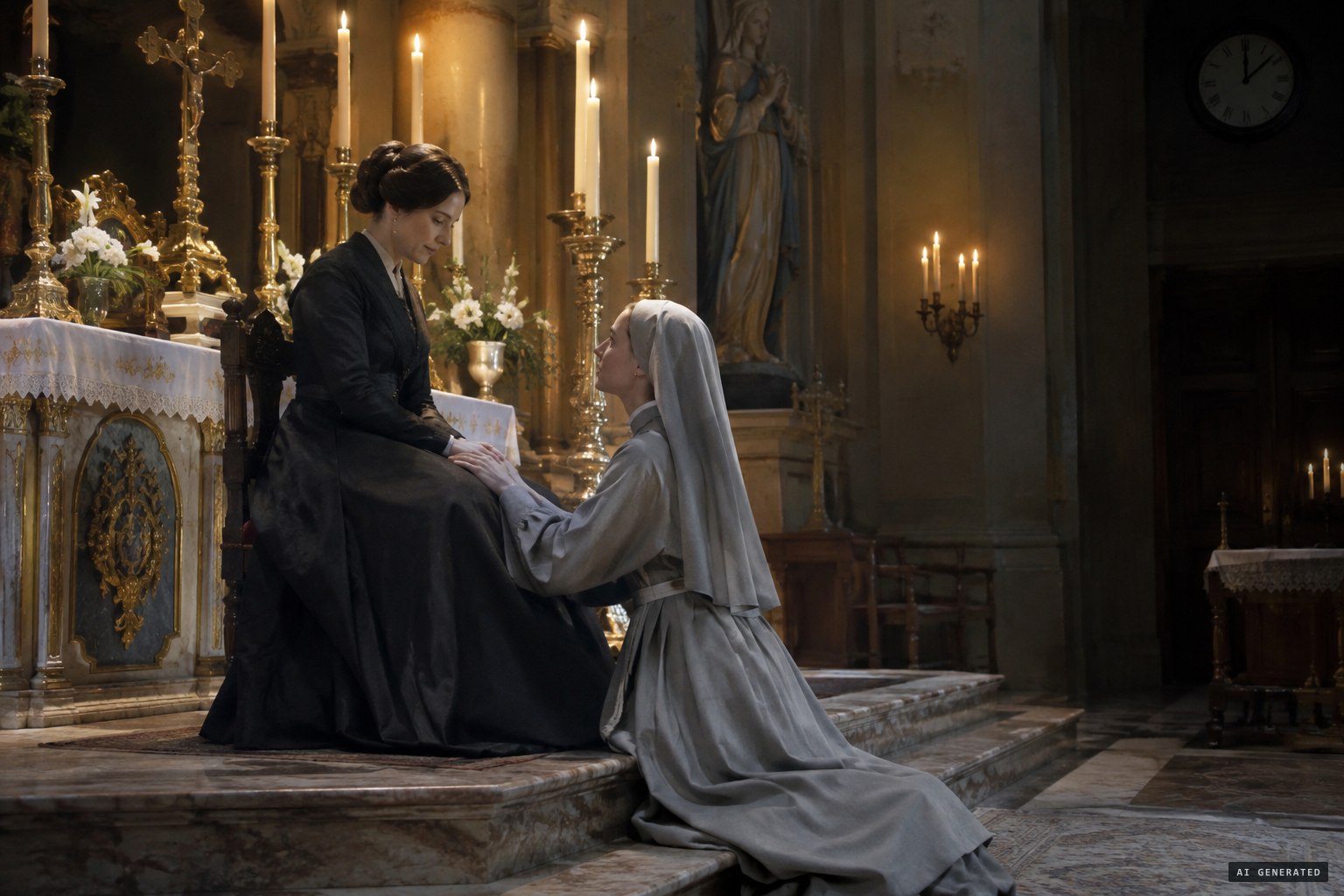 Catherine kneels with her hands on the Virgin's knees as the Lady warns of calamities